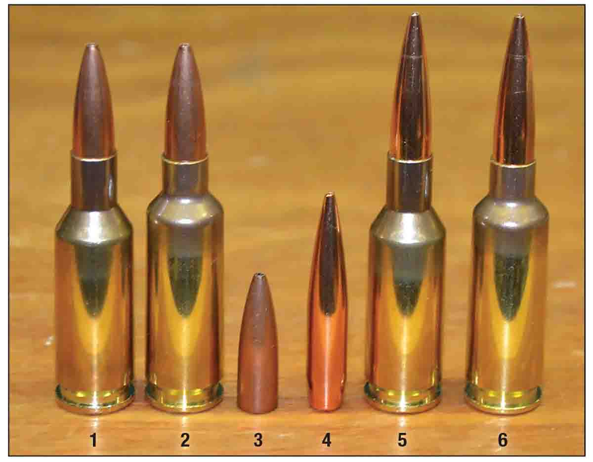 When introduced in 1999, the 6mm Dasher case was formed from 6mm BR Remington brass and bullets weighing from 60 to 70 grains were loaded in both. Then came long-distance competitive shooting and they were loaded with much heavier bullets: (1) a 6mm BR with Euber 68-grain hollowpoint, (2) a 6mm Dasher with Euber 68-grain hollowpoint, (3) a Euber 68-grain  hollowpoint, (4) a Berger 105-grain Hybrid Target, (5) a 6mm BR with Berger 105-grain Hybrid Target and (6) a 6mm Dasher with Berger 105-grain Hybrid Target.
